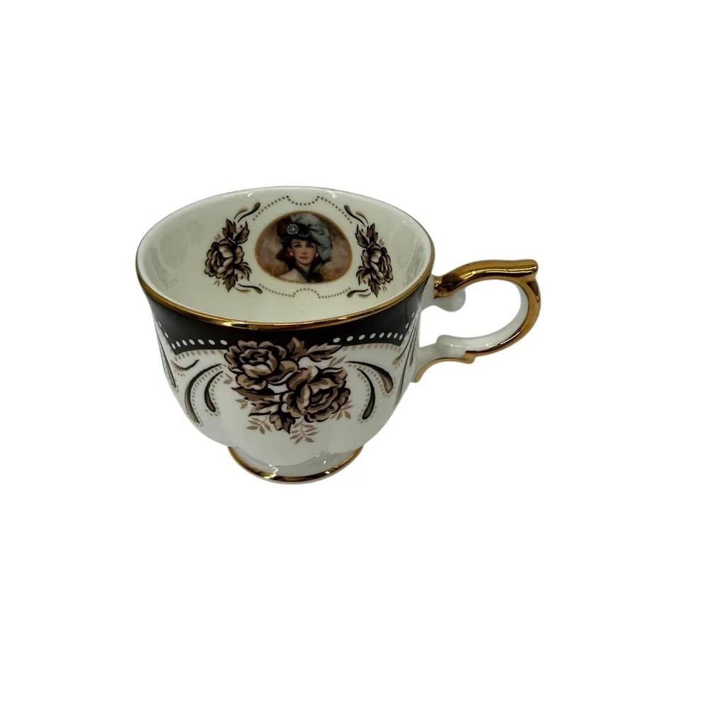 Avon Honor‎ Society 1999 Teacup Saucer Black Gold Floral Victorian Lady Set